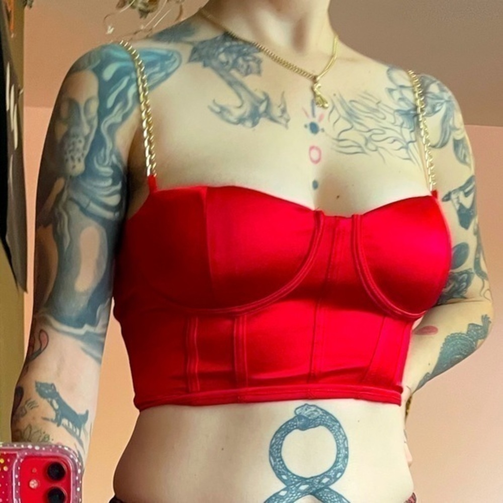 Sexy Satin Red Corset Bralette With Gold Chain Straps!!